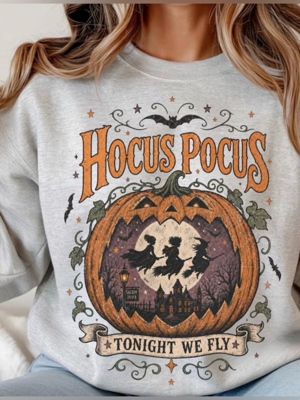 Ashgrey Hocus Pocus Sweatshirt with Orange Pumpkin Graphic